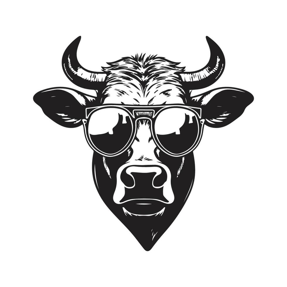 zebu wearing sunglasses, vintage logo line art concept black and white color, hand drawn illustration vector