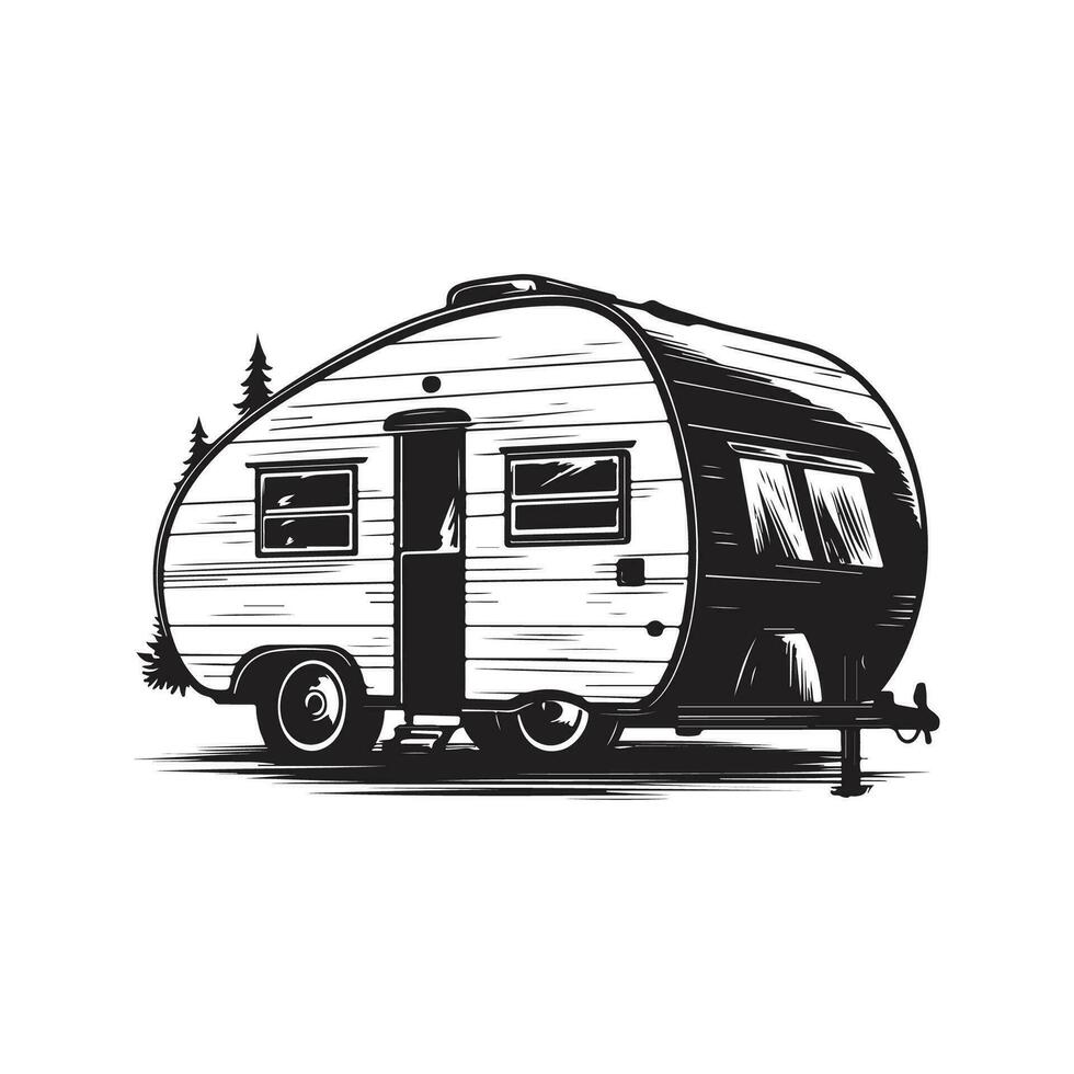 camp trailer, vintage logo line art concept black and white color, hand drawn illustration vector