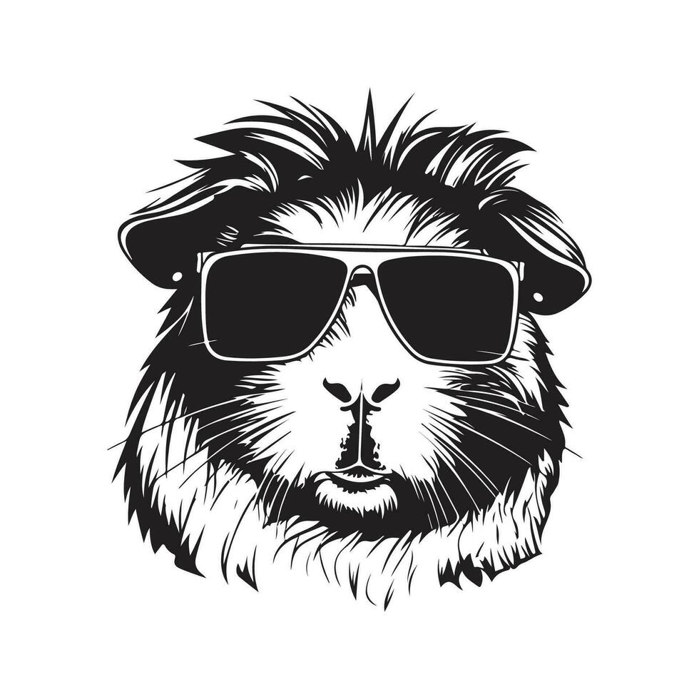 guinea pig wearing sunglasses, vintage logo line art concept black and white color, hand drawn illustration vector