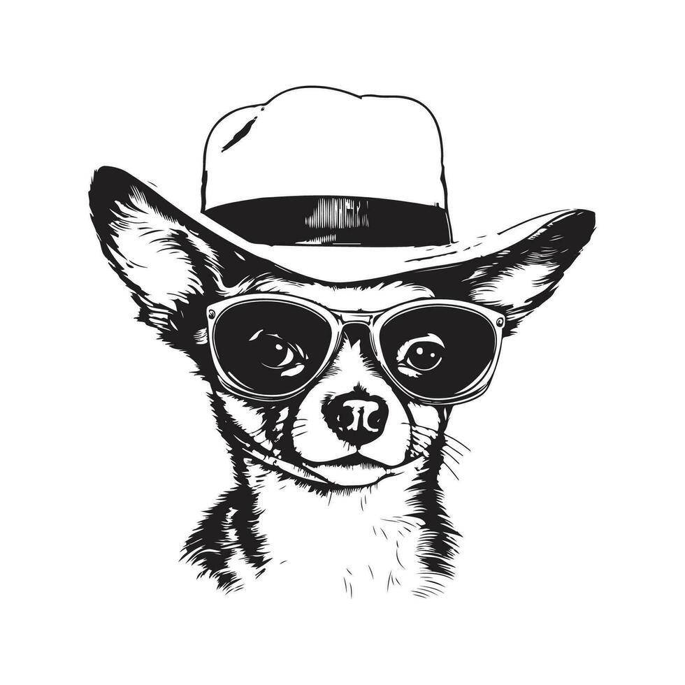 chihuahua with straw hat and glasses, vintage logo line art concept black and white color, hand drawn illustration vector