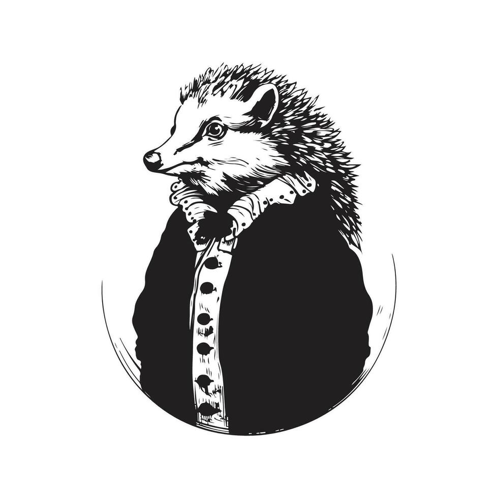 hedgehog cartoon, vintage logo line art concept black and white color, hand drawn illustration vector