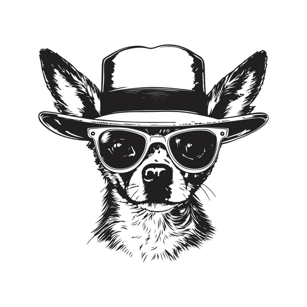 chihuahua with straw hat and glasses, vintage logo line art concept black and white color, hand drawn illustration vector