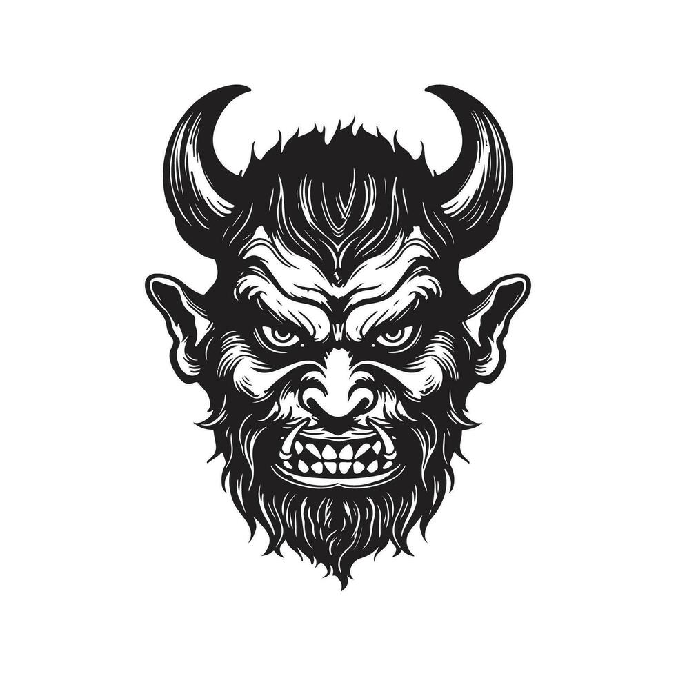 demon face, vintage logo line art concept black and white color, hand drawn illustration vector