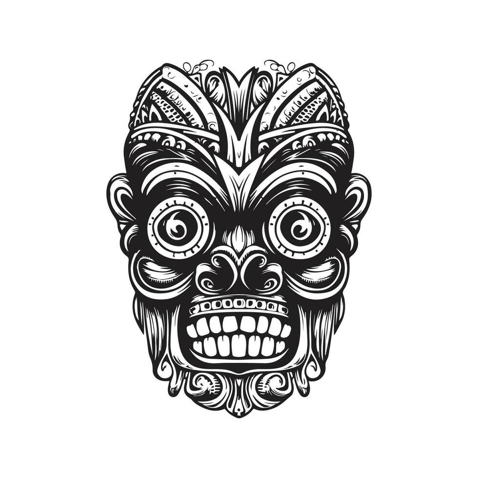 tiki mask, vintage logo line art concept black and white color, hand drawn illustration vector