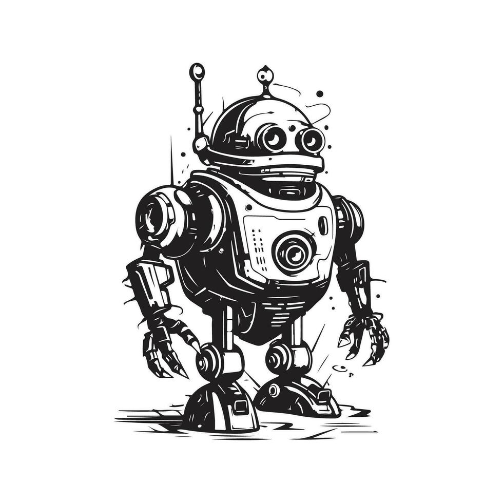 sci fi robot, vintage logo line art concept black and white color, hand drawn illustration vector