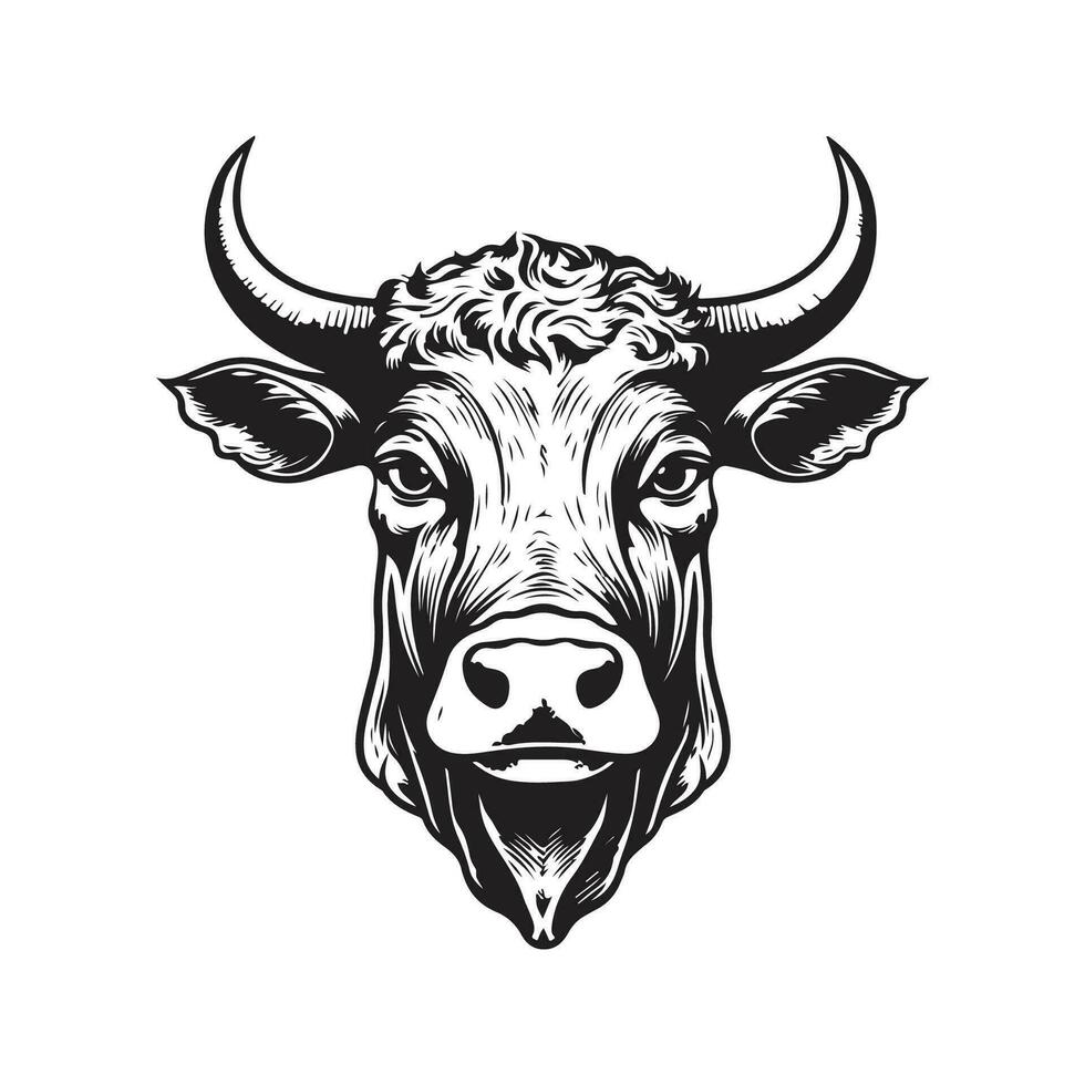 cow head, vintage logo line art concept black and white color, hand drawn illustration vector