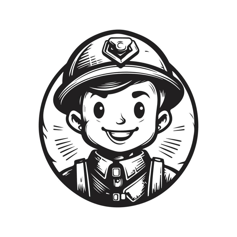 cute soldier, vintage logo line art concept black and white color, hand drawn illustration vector