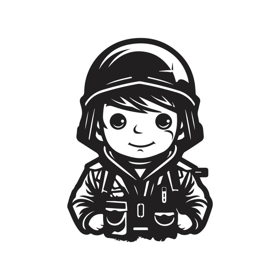 cute soldier, vintage logo line art concept black and white color, hand drawn illustration vector