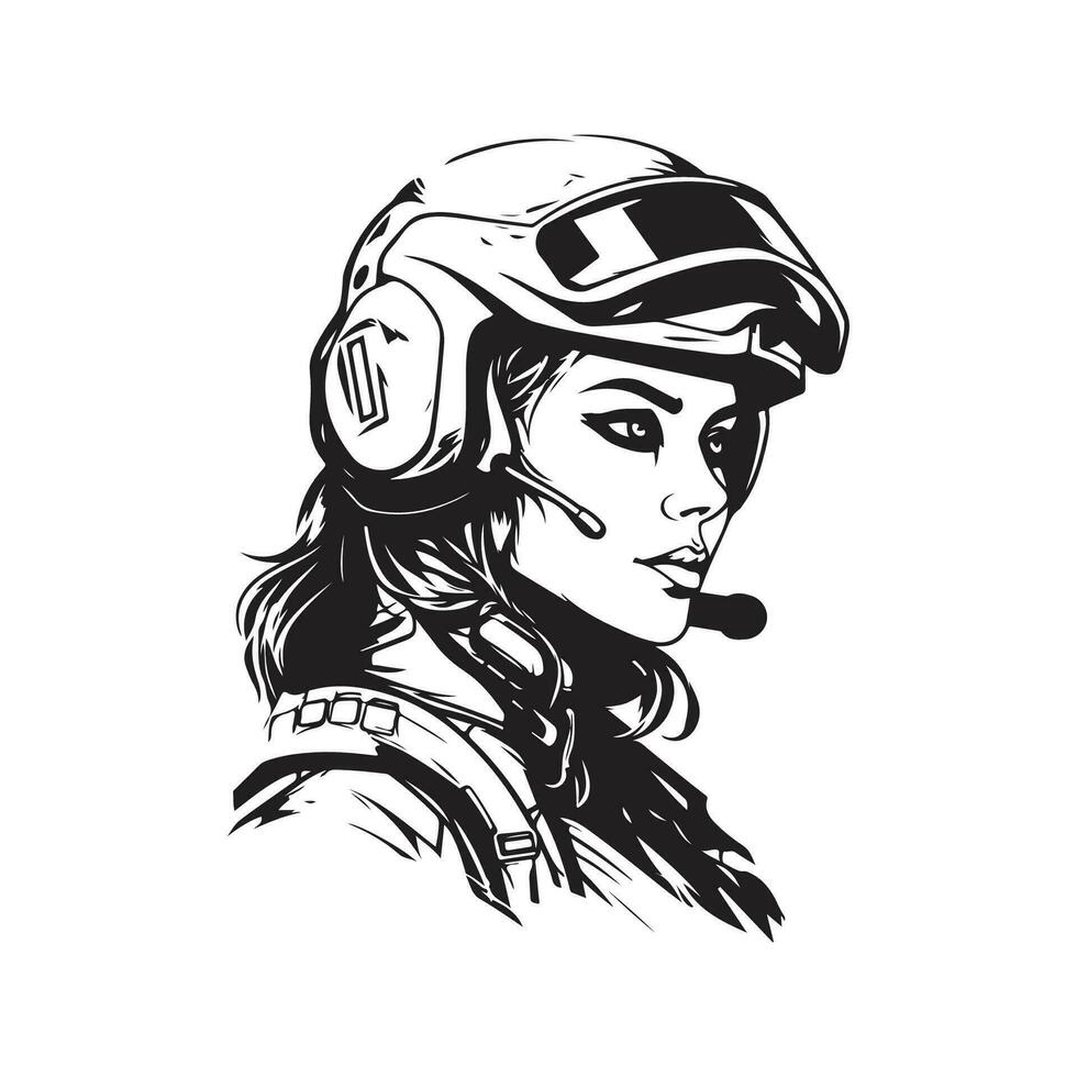 futuristic soldier girl, vintage logo line art concept black and white color, hand drawn illustration vector