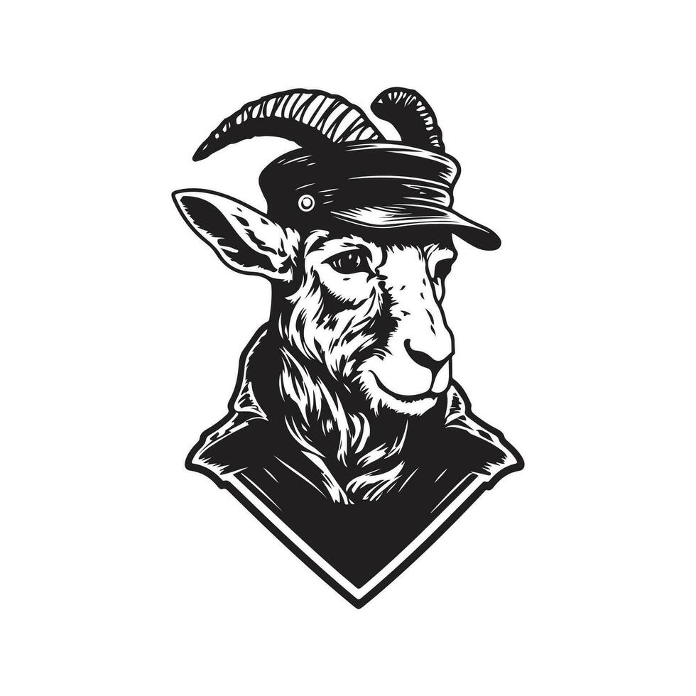 goat soldier, vintage logo line art concept black and white color, hand drawn illustration vector
