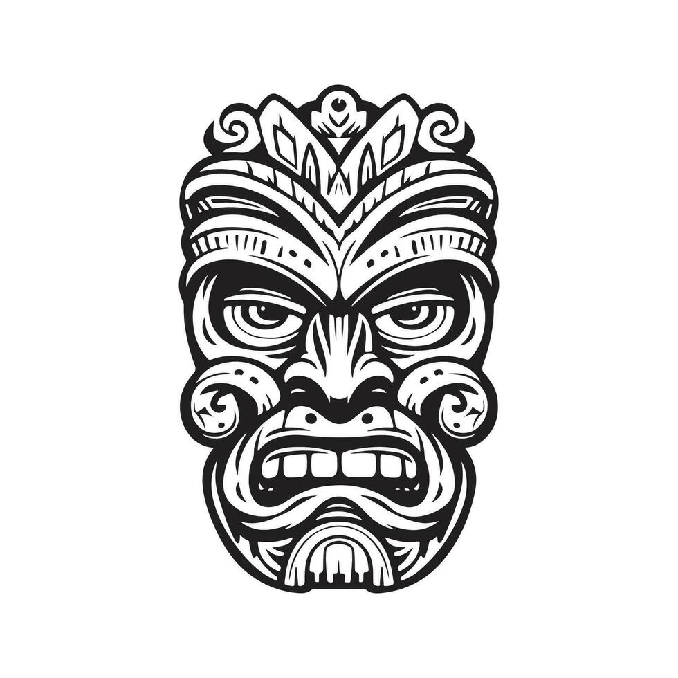 hawaiian tiki wooden head, vintage logo line art concept black and white color, hand drawn illustration vector