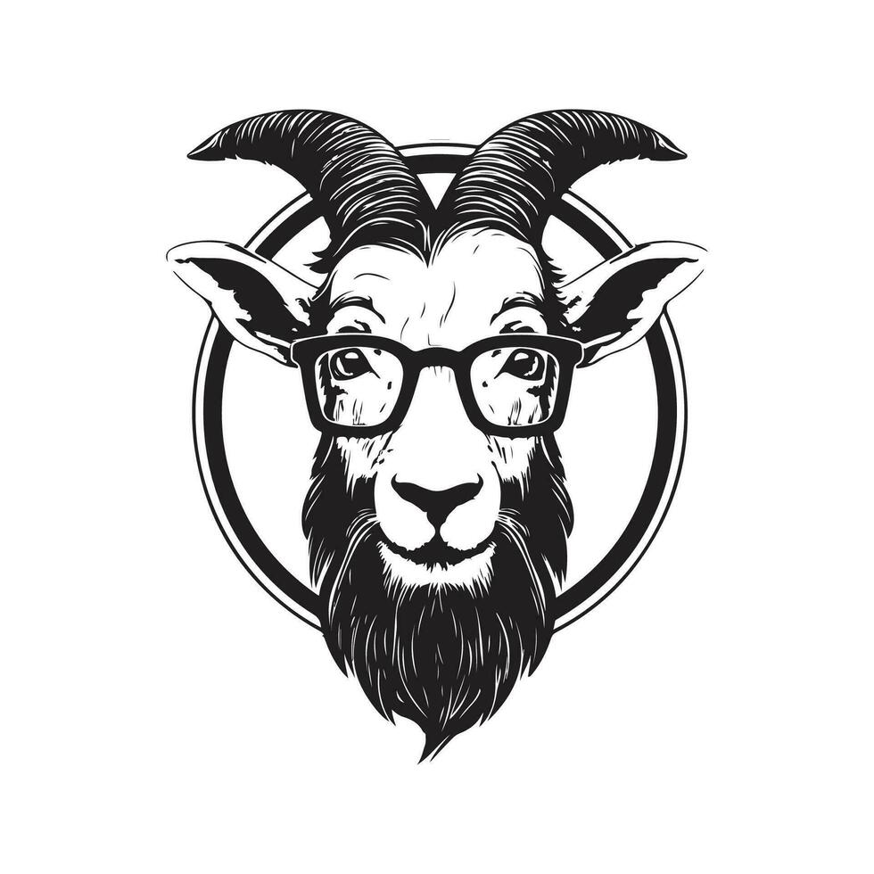 goat hipster, vintage logo line art concept black and white color, hand drawn illustration vector