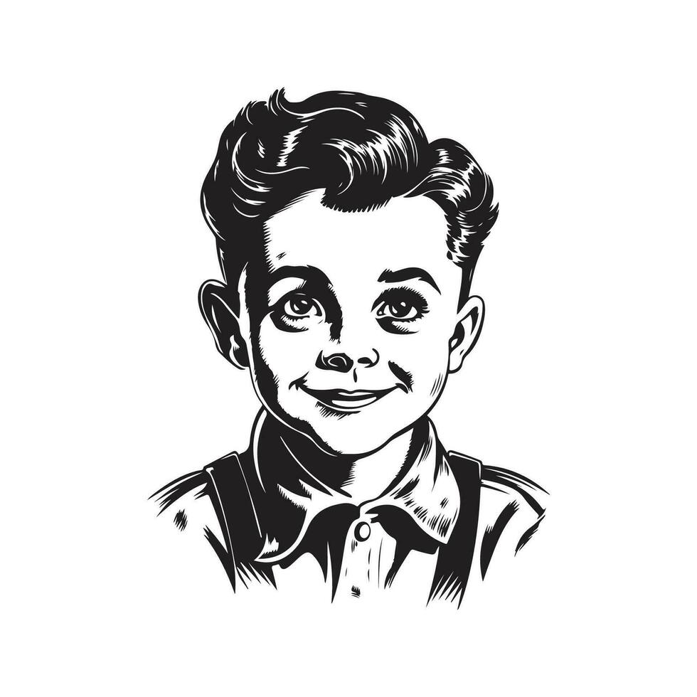 cute young boy, vintage logo line art concept black and white color, hand drawn illustration vector