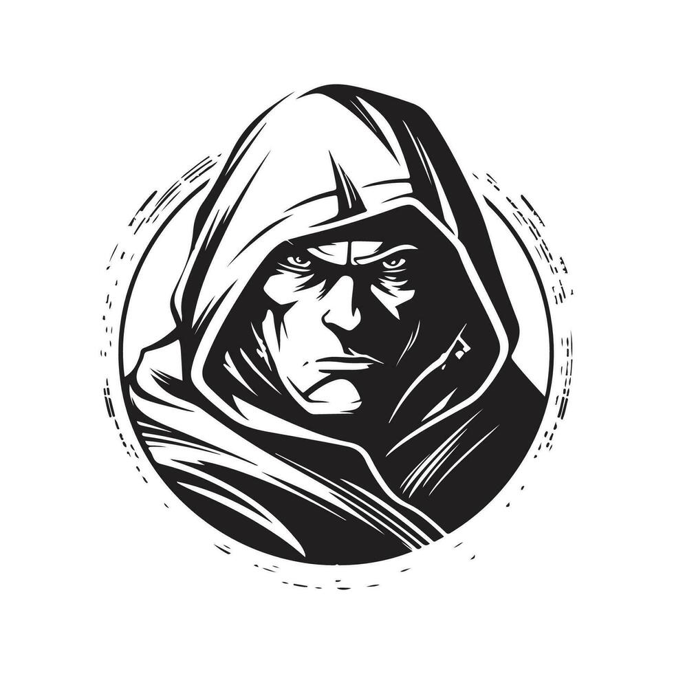 stealthy assassin, vintage logo line art concept black and white color, hand drawn illustration vector