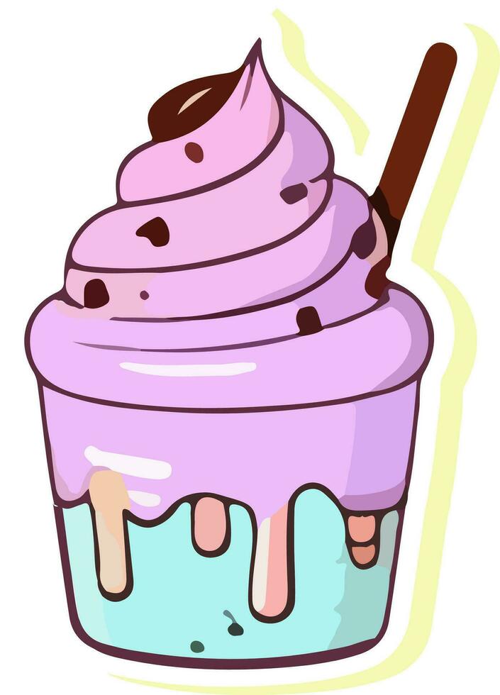 Whipped Ice Cream Cup With Choco Stick Icon In Sticker Style. vector