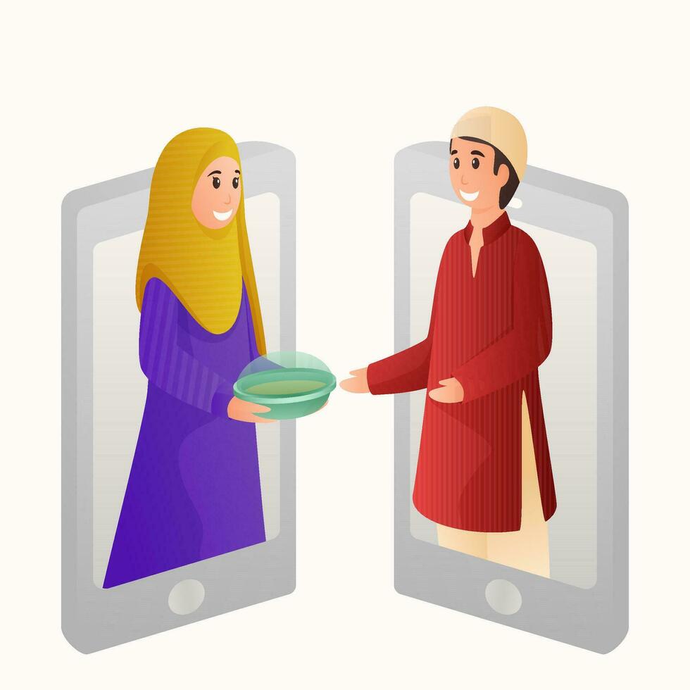 Muslim Young Girl Giving Food To Boy Through Smartphone On White Background. vector