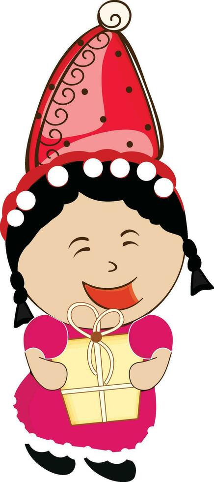 personaje de niña vistiendo sombrero y participación regalo caja. vector