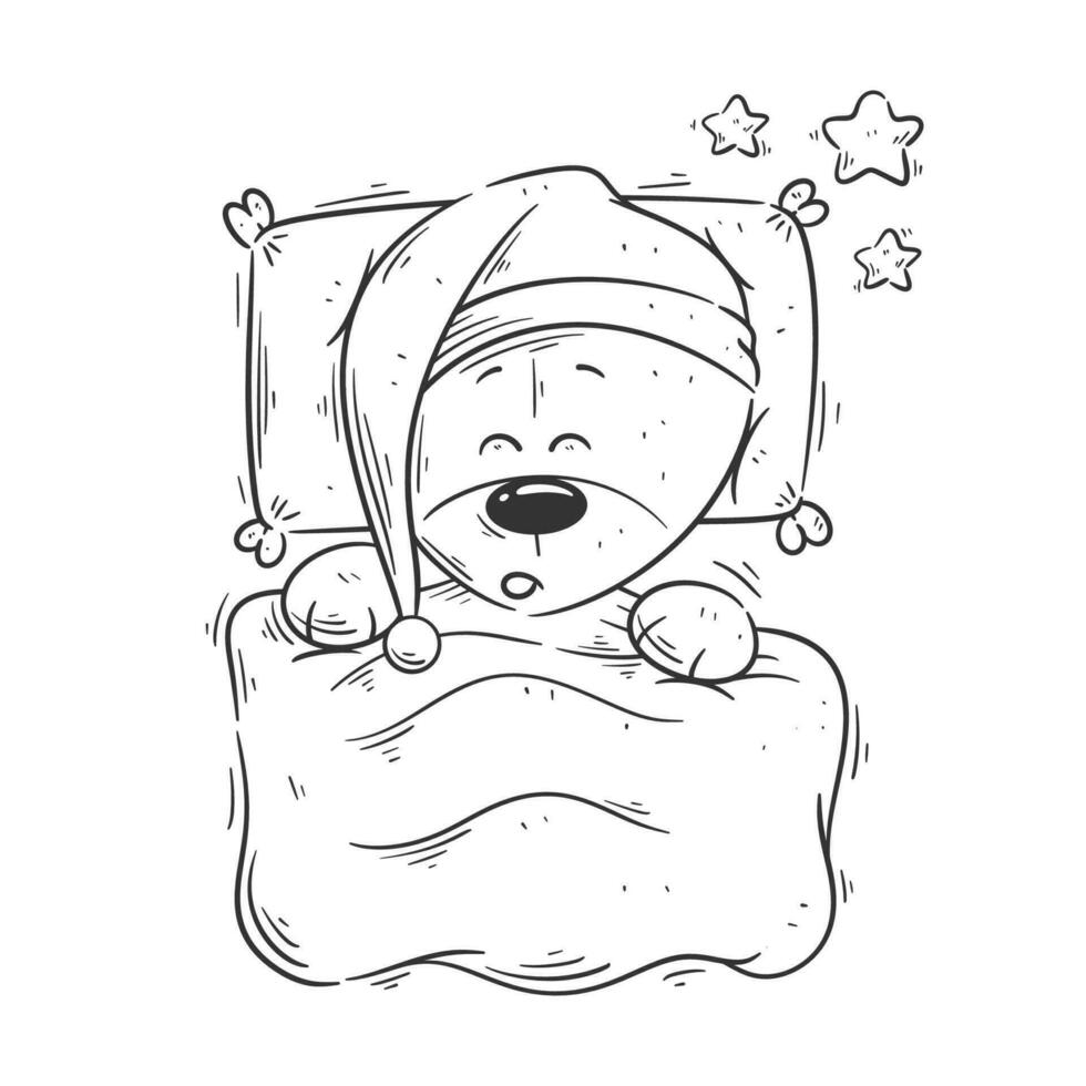 linda oso es dormido en el cama para colorante vector