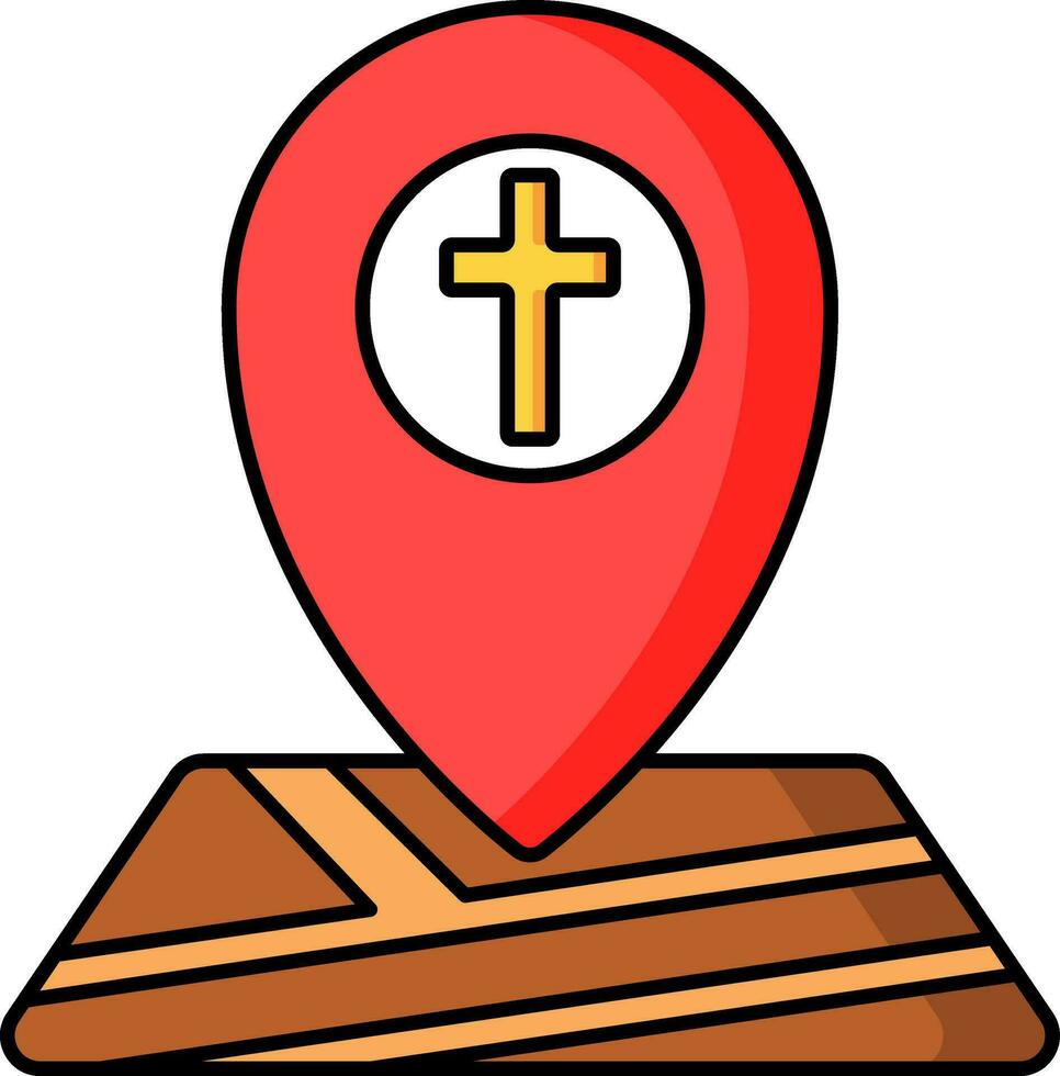 Map pointer with christian cross icon in flat style. vector