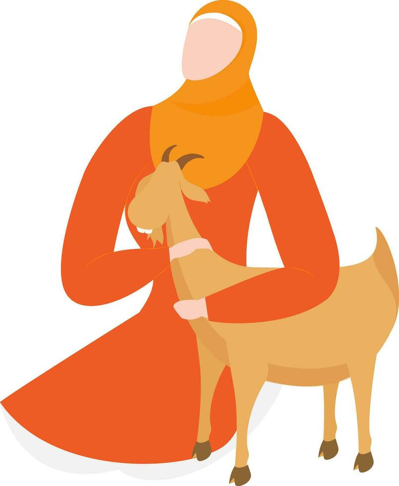 Faceless character of woman wearing their traditional clothes and holding goat on white background concept for Islamic festival. vector