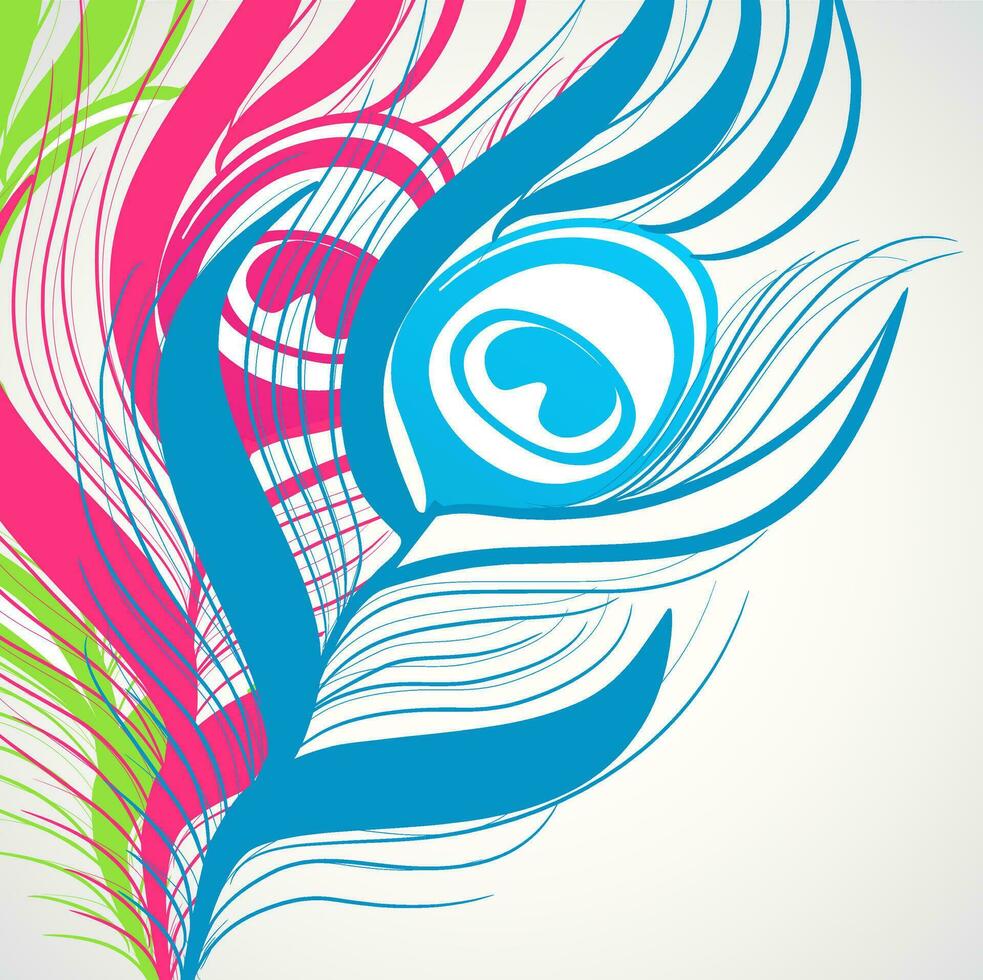 Peacock feather in blue, pink and green colors. vector