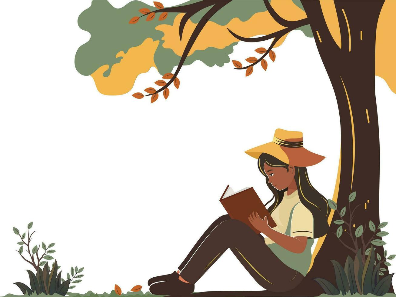 de moda joven niña personaje leyendo un libro con vestir fedora sombrero debajo el árbol en blanco antecedentes. vector