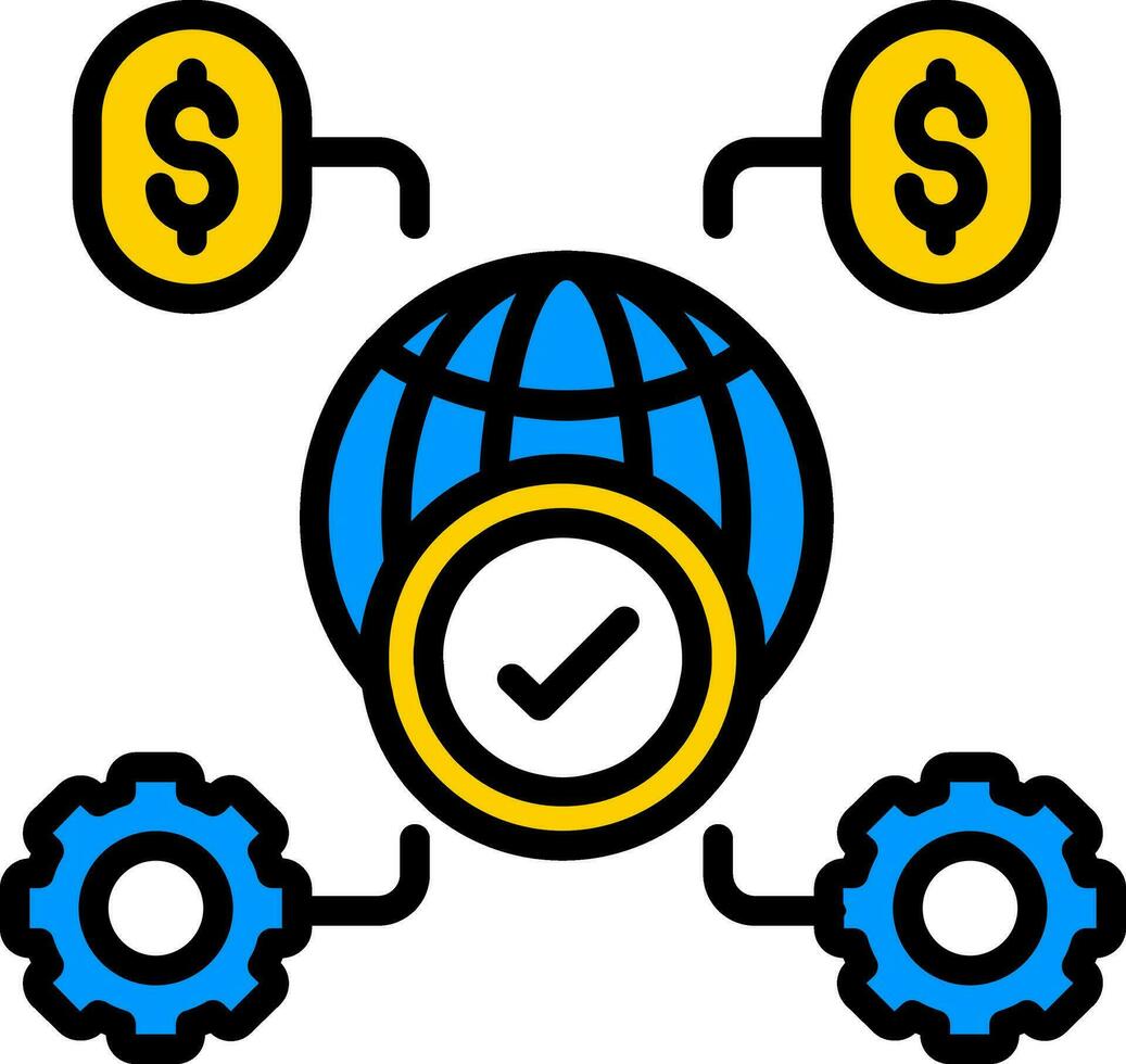 Check Global Financial Setting or Management Icon in Yellow and Blue Color. vector