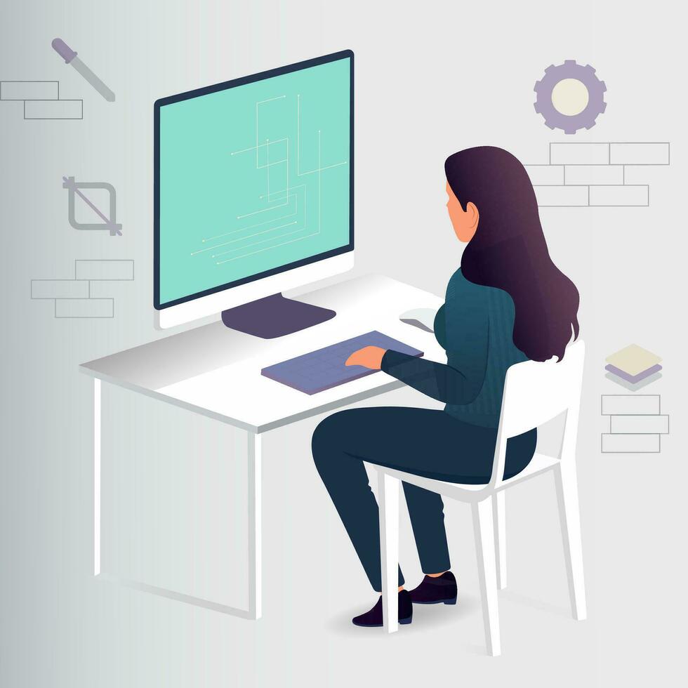 personaje de hembra gráfico diseñador trabajando en computadora a lugar de trabajo y tecnología antecedentes. vector