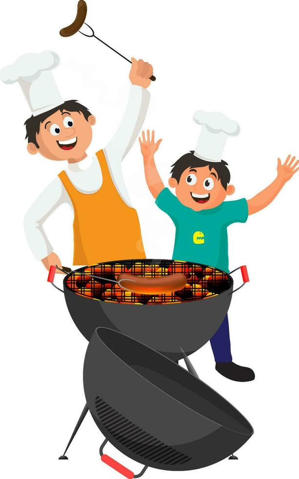 contento Niños participación tenedor para salchicha haciendo por parilla parrilla. vector