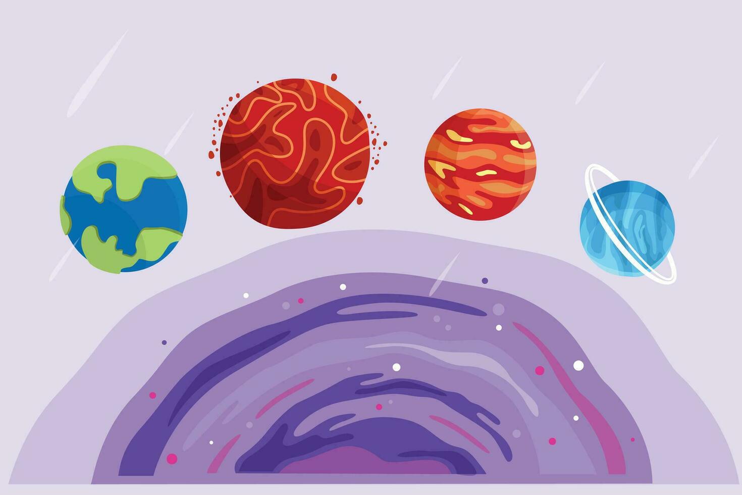 Planets, stars, asteroids, and comets in outer space. Galaxy concept. Colored flat vector illustration isolated.