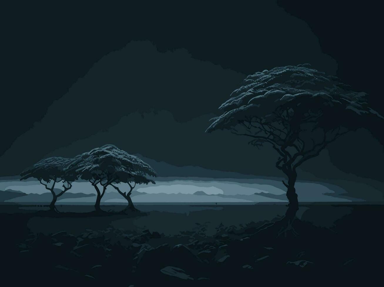 solitario árbol en el playa a noche. vector ilustración.