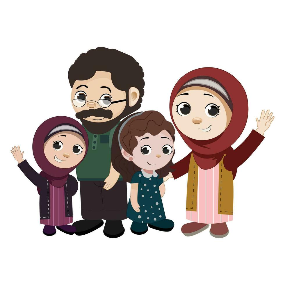 Religious education and islam concept. Happy young arab family father mother and son sitting on floor and reading koran book vector illustration