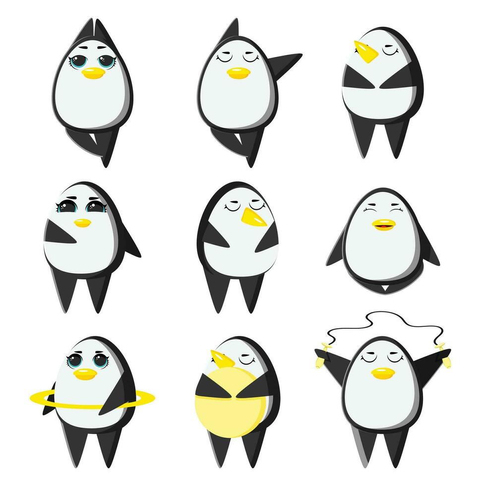 Sports penguin does yoga and fitness. Healthy lifestyle. Collection of cartoon penguins demonstrating different yoga poses isolated on white background - vector
