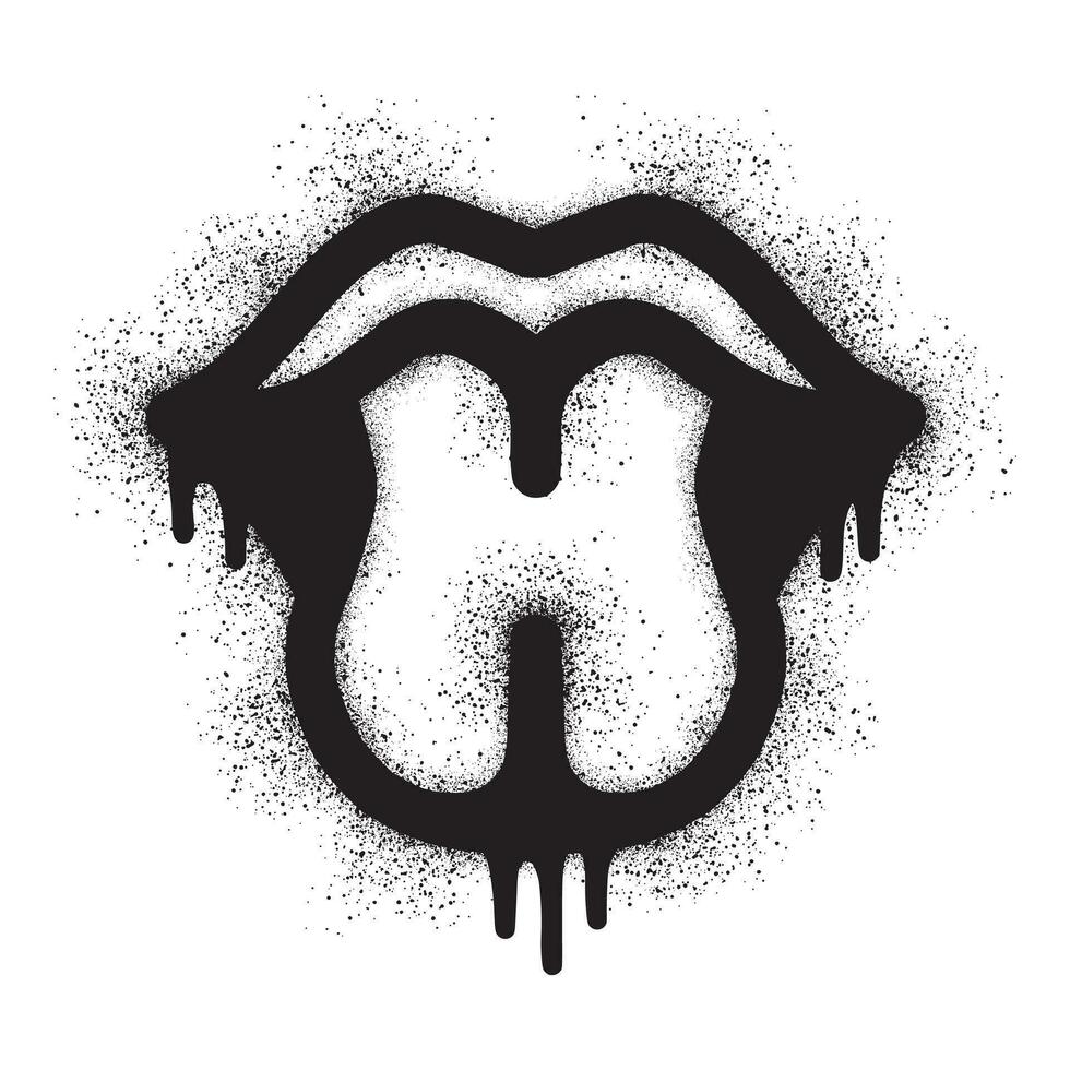 Tongue out mouth graffiti with black spray paint vector