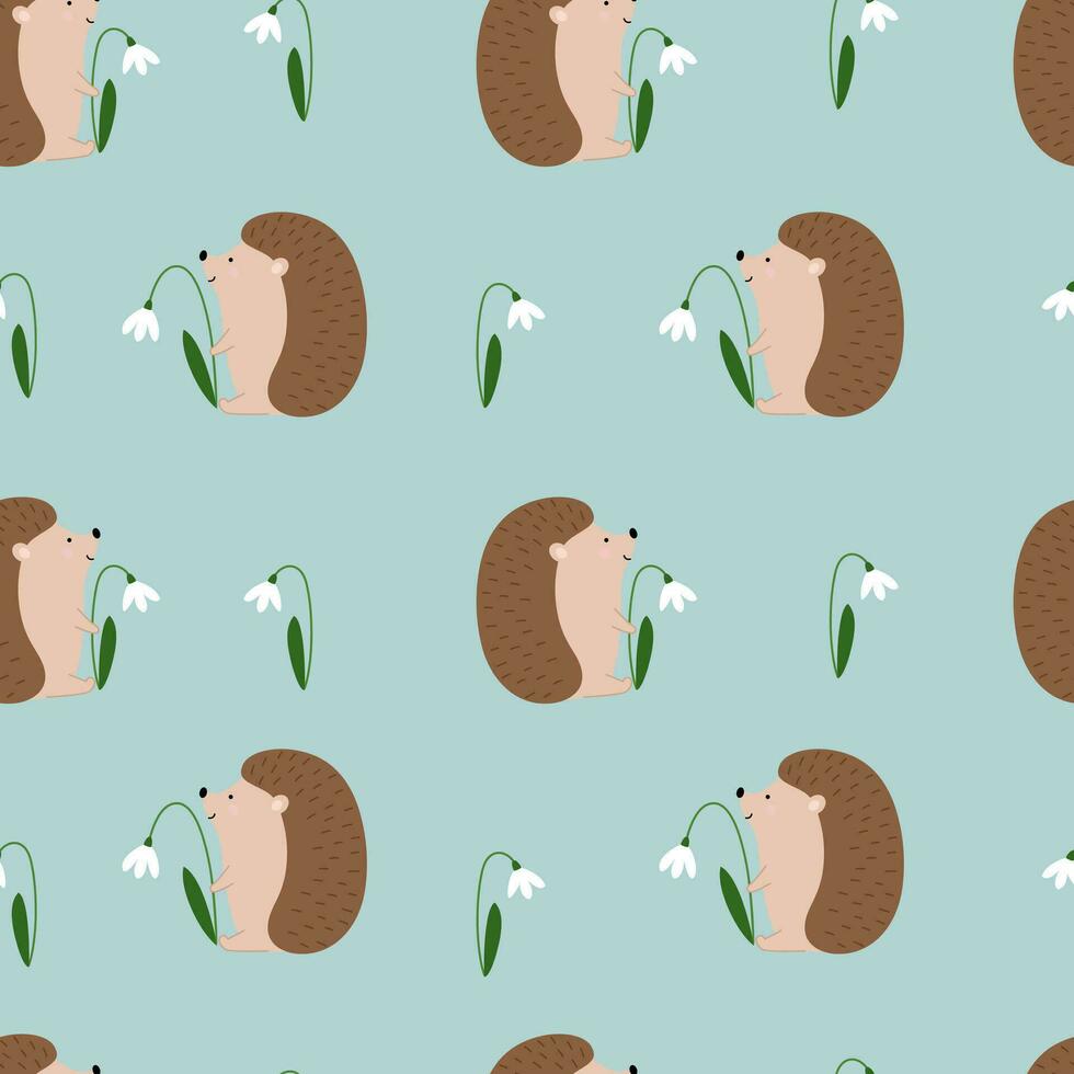 Seamless pattern with cute hedgehog and flowers snowdrop vector