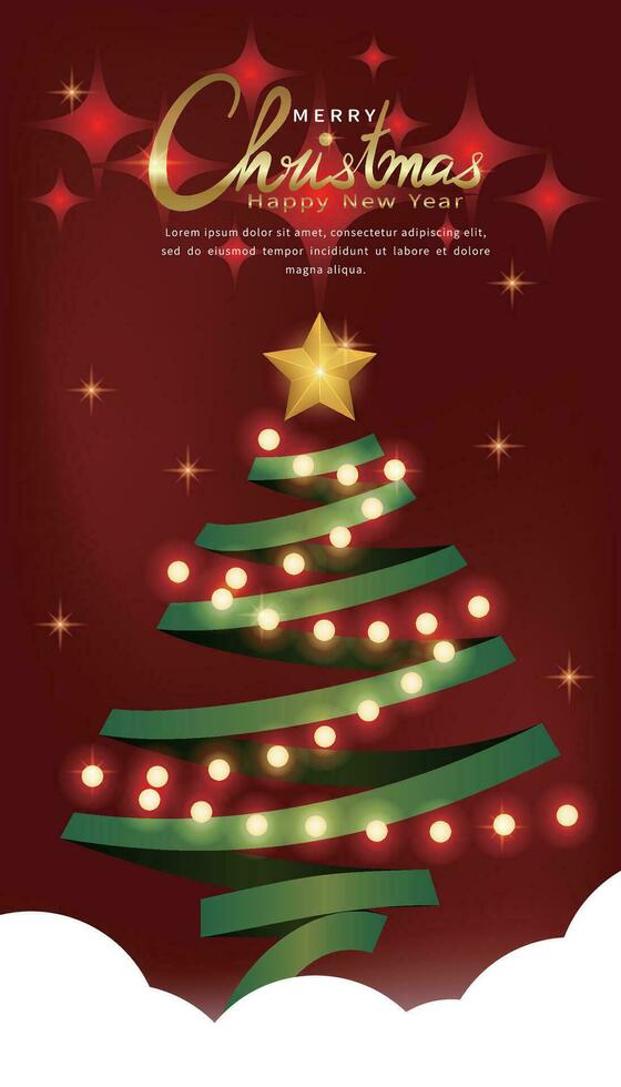 Christmas poster, greeting card, backdrop, with sparkling ribbon Christmas tree on red background vector