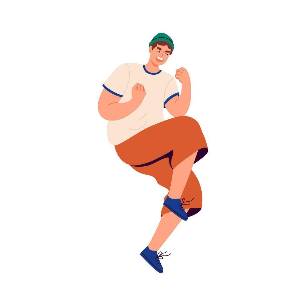 Happy man jumping from joy in modern clothes. Flat vector