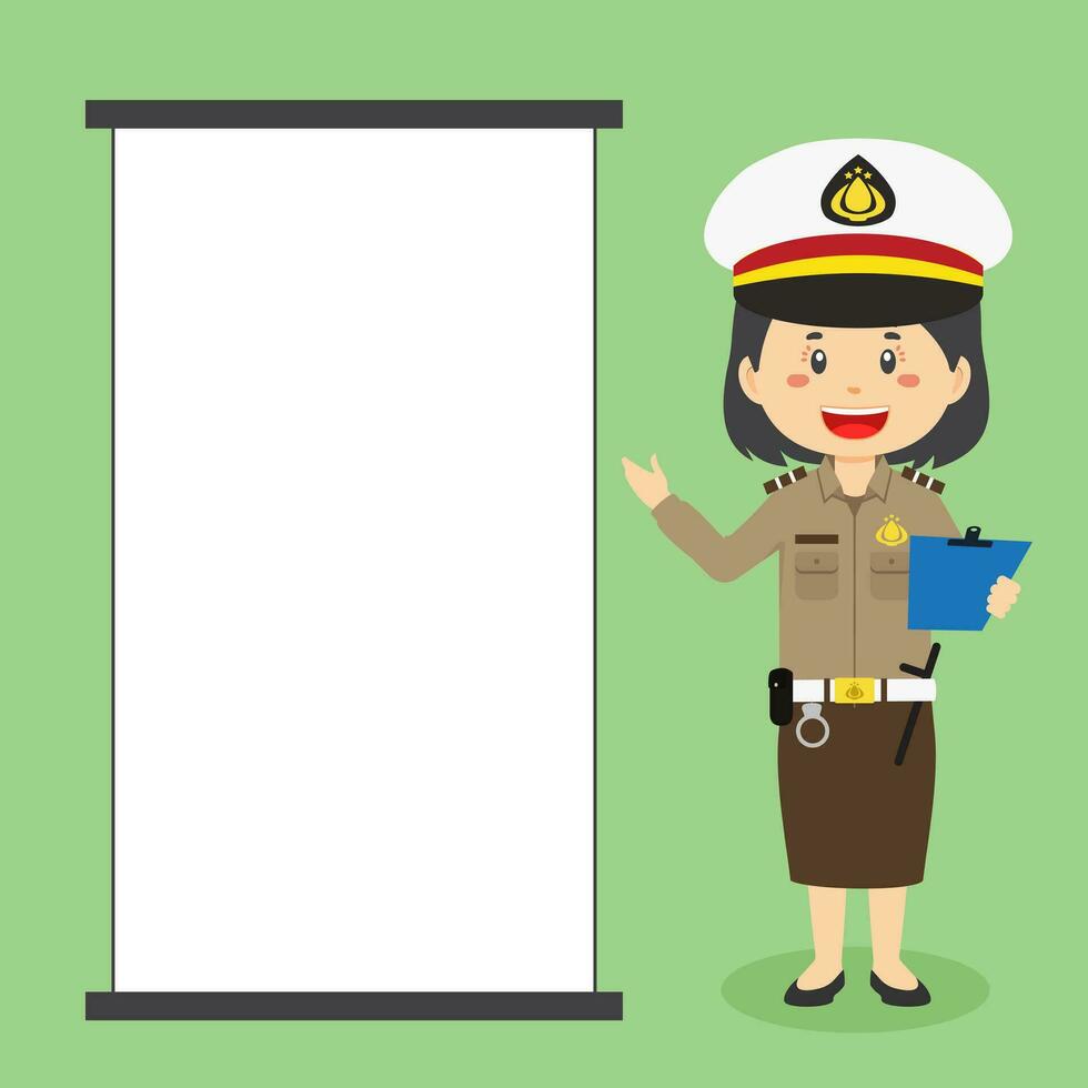 Indonesian Police Woman Character with Blank Board vector