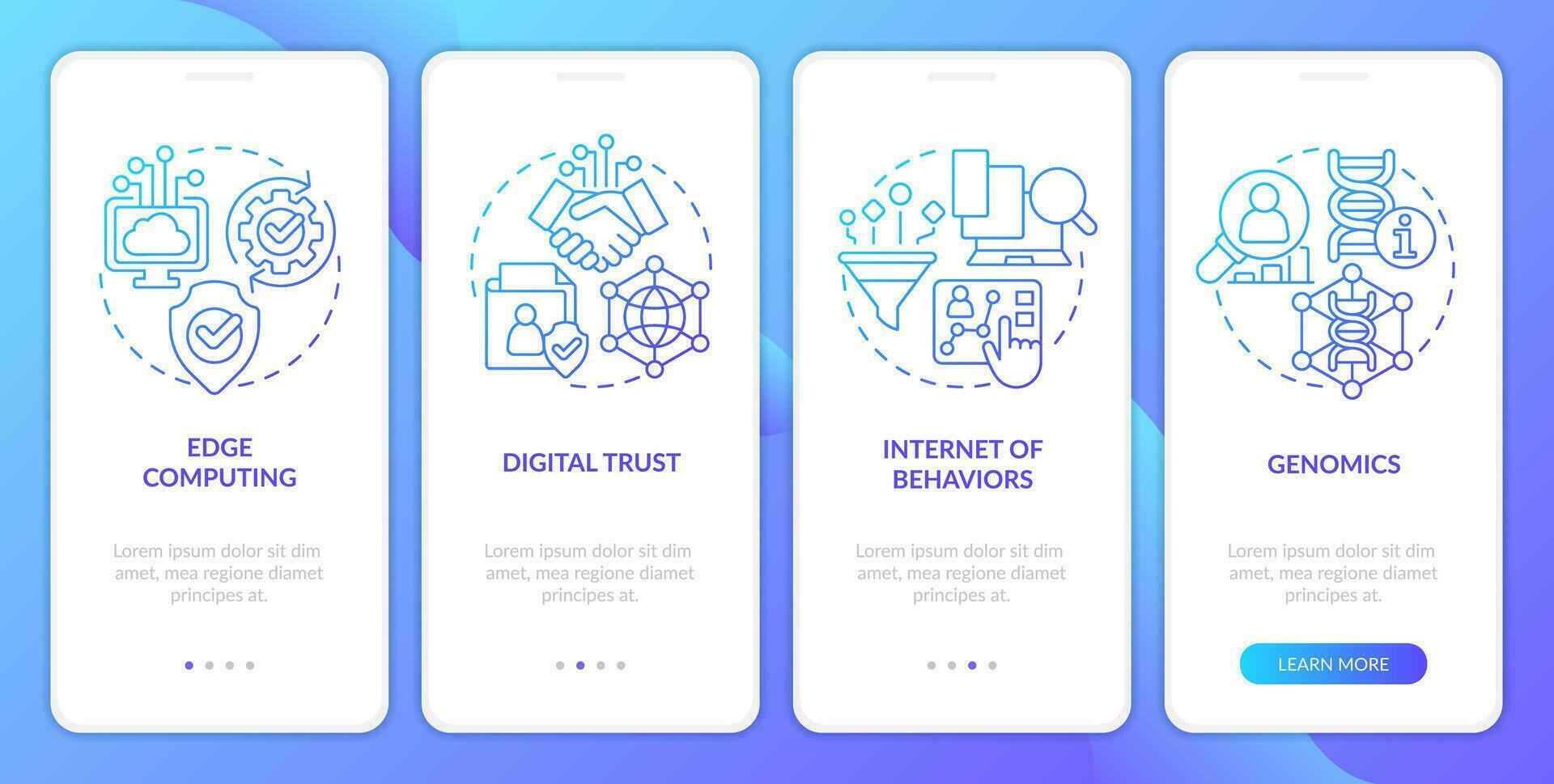 Information technology trends blue gradient onboarding mobile app screen. Walkthrough 4 steps graphic instructions with linear concepts. UI, UX, GUI template vector