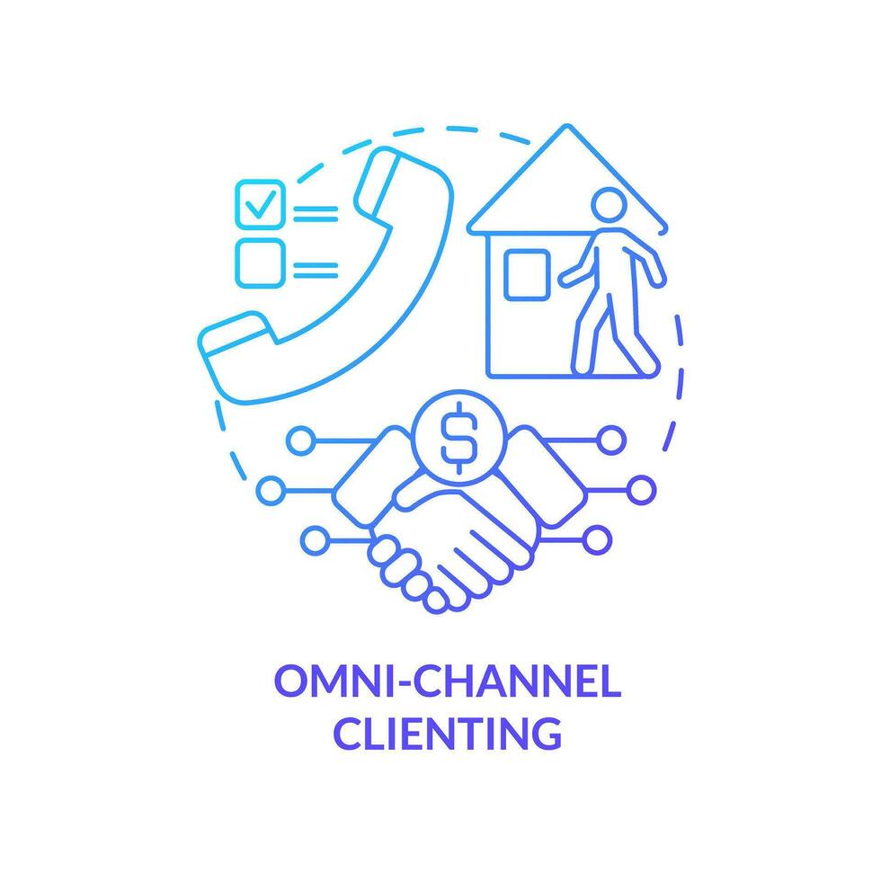 Omni channel clienting blue gradient concept icon. Customer service. Messaging app. Virtual shopping. Home delivery. Future of retail abstract idea thin line illustration. Isolated outline drawing vector