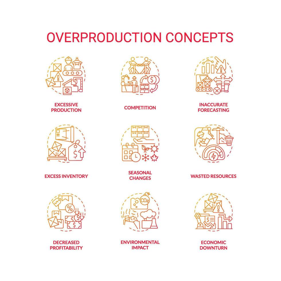2D gradient icons set representing overproduction concepts, isolated vector, thin line illustration. vector