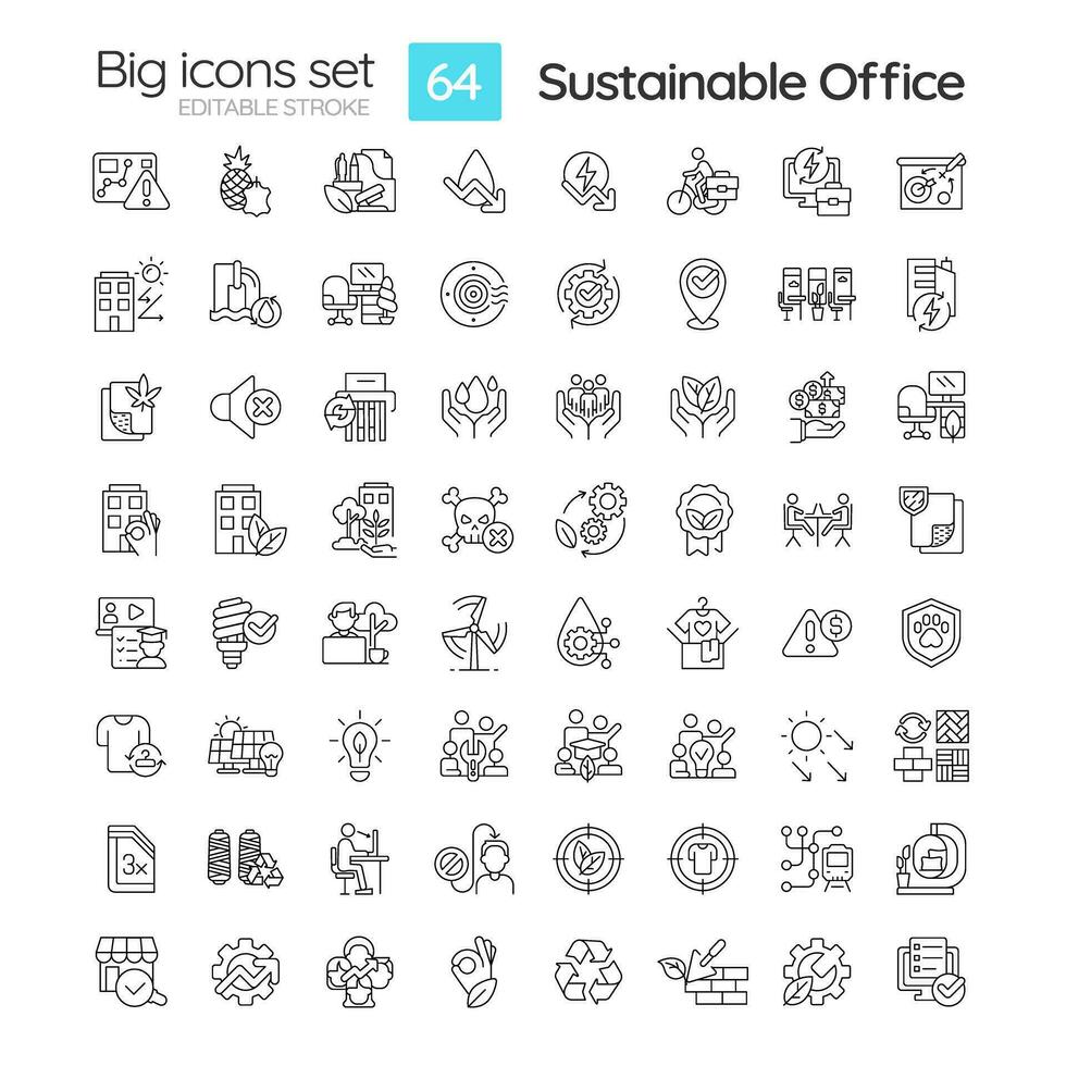 2D editable black big line icons set representing sustainable office, isolated vector, linear illustration. vector