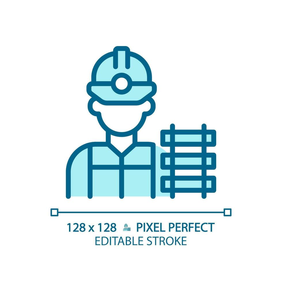 Railway worker pixel perfect blue RGB color icon. Railroad labor. Train track. Rail maintenance. Civil engineering. Isolated vector illustration. Simple filled line drawing. Editable stroke