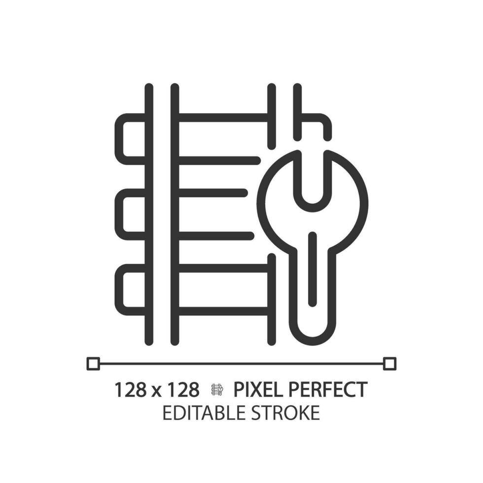 Railway maintenance pixel perfect linear icon. Train track repair. Railroad construction. Rail engineering. Thin line illustration. Contour symbol. Vector outline drawing. Editable stroke