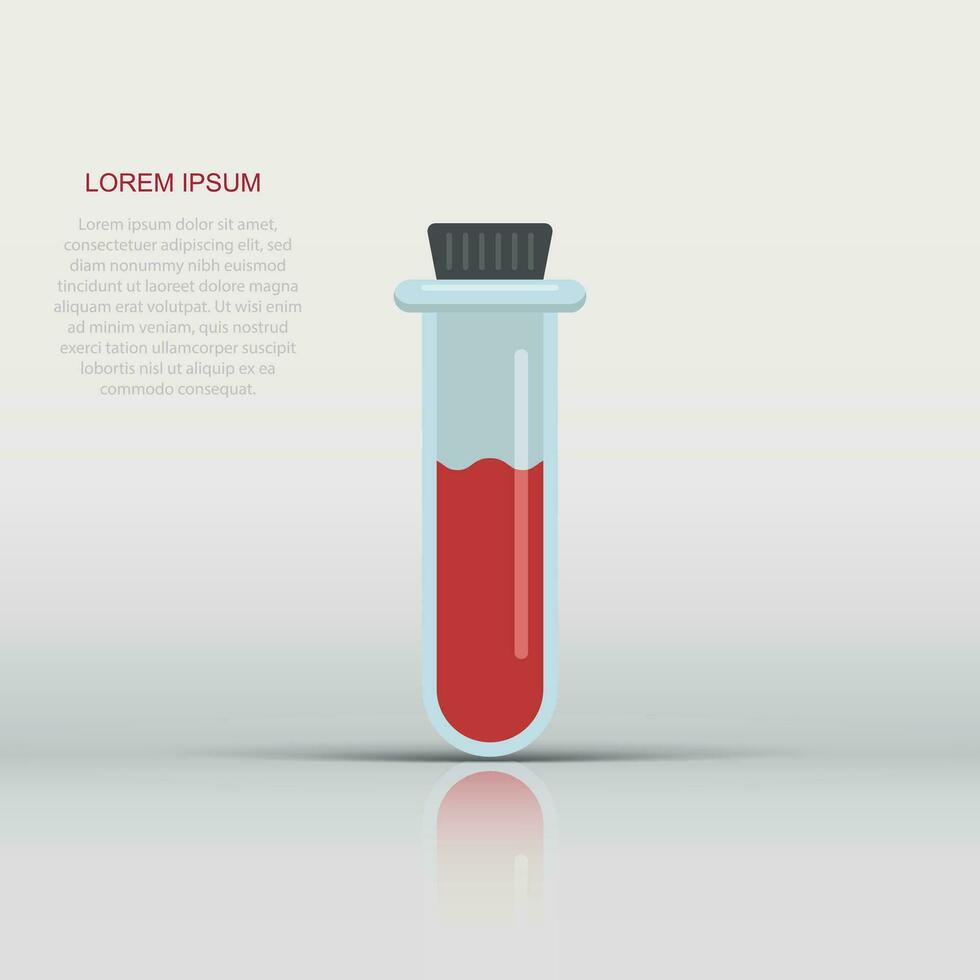 Blood in test tube icon in flat style. Laboratory flask vector illustration on isolated background. Liquid in beaker sign business concept.