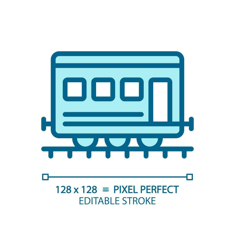 Passenger railroad carriage pixel perfect blue RGB color icon. Railway car. Train wagon. Rapid transit. Compartment coach. Isolated vector illustration. Simple filled line drawing. Editable stroke