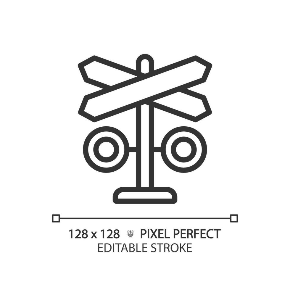 Level crossing pixel perfect linear icon. Rail safety. Warning device. Railway track. Railroad barrier. Thin line illustration. Contour symbol. Vector outline drawing. Editable stroke