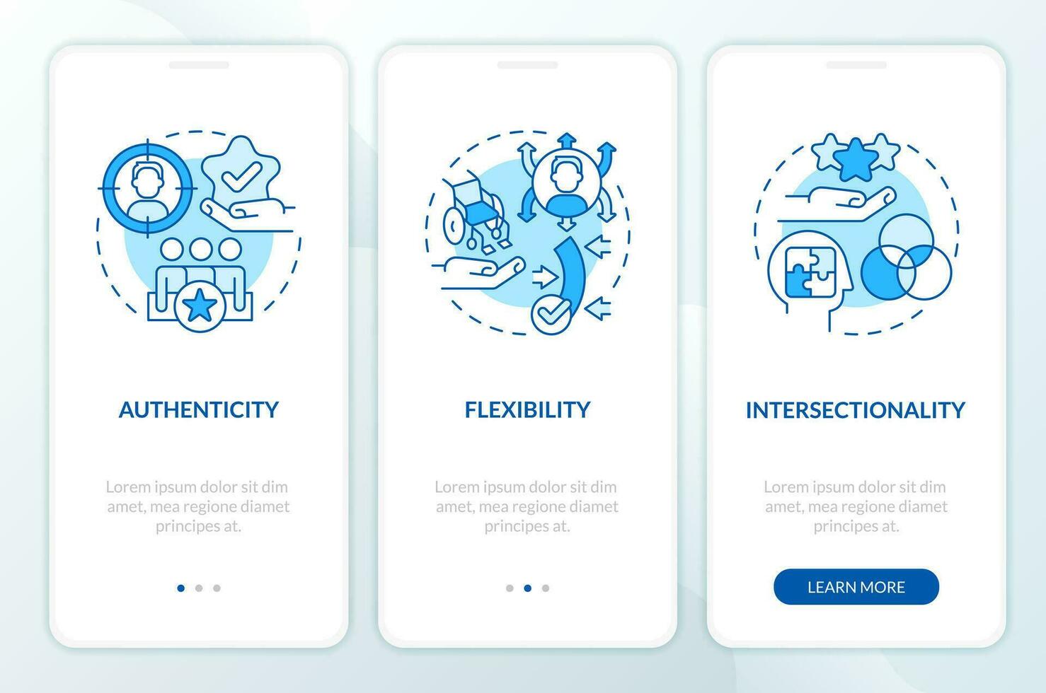 inclusión conceptos azul inducción móvil aplicación pantalla. persona identidad recorrido 3 pasos editable gráfico instrucciones con lineal conceptos. ui, ux, gui modelo vector