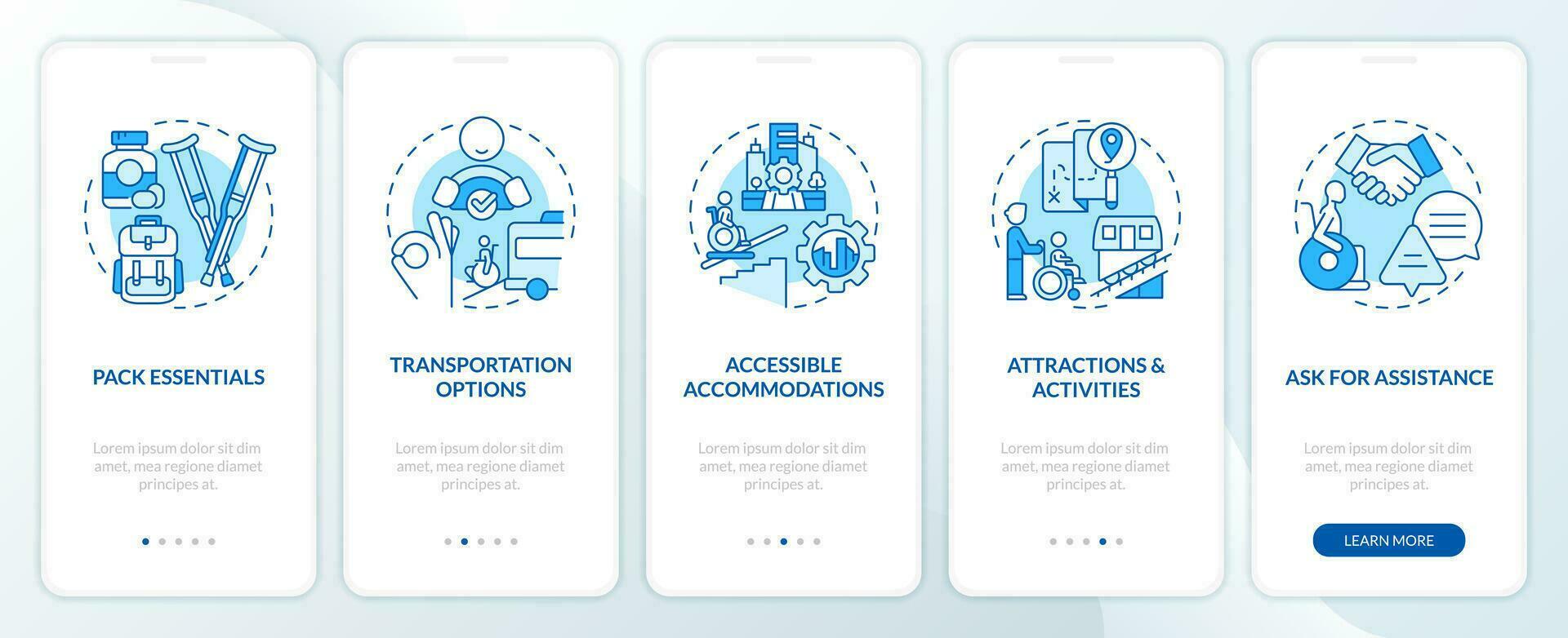 Accessible travel tips blue onboarding mobile app screen. Road trip walkthrough 5 steps editable graphic instructions with linear concepts. UI, UX, GUI template vector