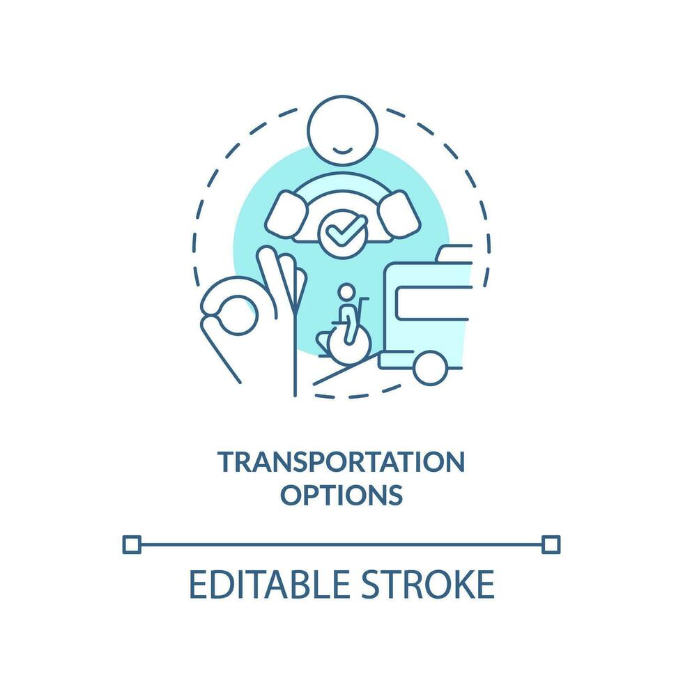 Transportation option turquoise concept icon. People with disabilities. Transport service. Ride sharing. Safe travel abstract idea thin line illustration. Isolated outline drawing. Editable stroke vector